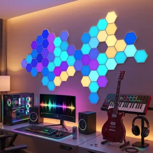 RGB Hexagon LED Light Panels DIY Modular App Control Music Sync Wall Lights for Gaming Room, Music Studio, and Home Decor