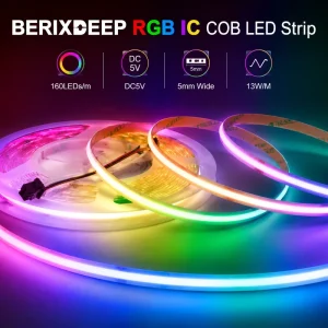RGB IC 160 LEDs per Meter 5mm 5V COB LED Strip Light Smart Adjustable Color Flexible Music APP Control for Entertainment Spaces