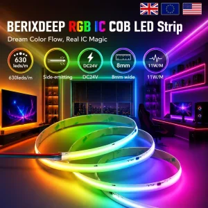RGB IC 630 LEDs/m 8mm 24V COB LED Strip Dynamic Smart Adjustable Color High Density LED Tape for Gaming Room