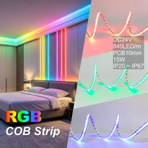 RGB LED Tape Light 24V Flexible COB Strip Light 840 LEDs/m PCB 10mm Custom IP20-IP67 for Retail Bar Furniture