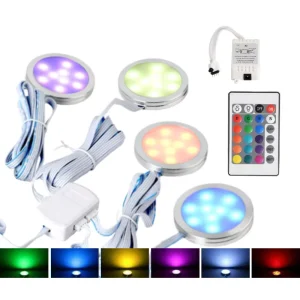 RGB LED Under Cabinet Puck Light Kit 4-Pack with Color Changing and Wireless RF Remote Control