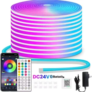 RGB Neon LED Strip Light 24V 15m/20m/30m Bluetooth App Remote Control Waterproof for Outdoor Use