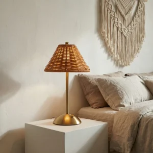 Rattan Table Lamp Shade Cordless Battery Powered Floor Lamp Low Voltage Output Standing Lamp for Home and Hotel Decor
