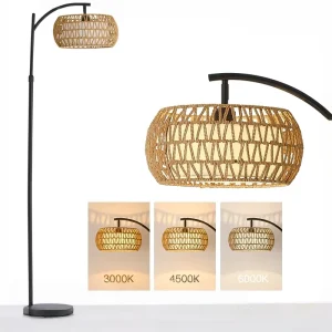 Rattan and Linen Modern LED Floor Lamp with E27 Base Adjustable Height Three Color Dimmable Light for Bedroom and Office