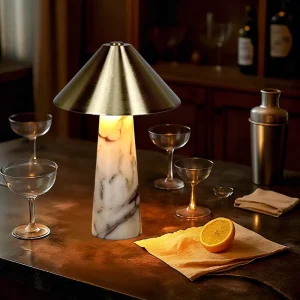 Rechargeable Alabaster Table Lamp 5V Modern LED Marble Cordless Metal Shade Portable for Bedroom Restaurant