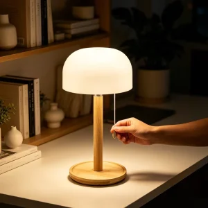 Rechargeable Bamboo Table Lamp 3 Color Temperature LED Mushroom Desk Lamp Pull Rope Switch Type C USB PE Shade Bedroom Lamp