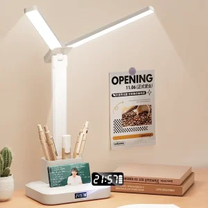 Rechargeable Dual Head LED Desk Lamp with Clock Touch Control Dimmable Reading Light Eye Protection Foldable Table Lamp