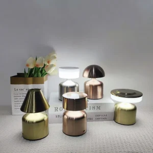 Rechargeable Gold Metal LED Table Lamp 3 Color Touch Dimmable Cordless Bedside Lamp for Home Restaurant
