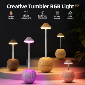 Rechargeable LED Desk Lamp with Remote and Touch Control, RGB 7-Color Ambient Night Light, Wood Grain Base