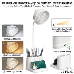 Rechargeable LED Study Table Lamp Cordless Desk Light Touch Control Flexible Gooseneck Dimmable for Reading Working Travel
