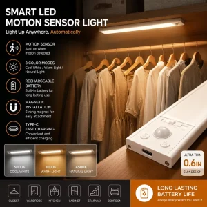 Rechargeable Motion Sensor LED Cabinet Light Ultra Slim Night Lamp Home Use Dimmable 15000mAh Battery Self Adhesive Strip