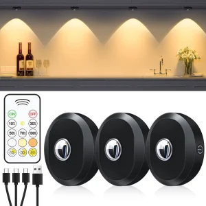 Rechargeable Remote-Controlled Puck Lights 1000mAh Battery Operated Dimmable Wireless LED Stick-on Closet Lights