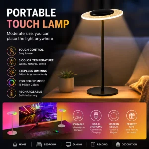 Rechargeable Simple Cordless Table Lamp Portable RGB Desktop Ambient Light Touch Adjustable Metal Stand Bedroom Decoration