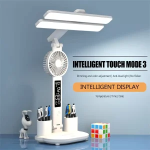Rechargeable Table Lamp for Study Desk Lamp Reading Light LED Table Light with Fan, LED Clock Display