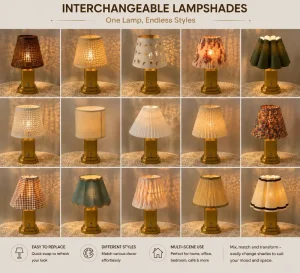 Rechargeable Touch Control Bedside Table Lamp Interchangeable Lampshades 3-Level Dimmable Golden Finish for Bedroom Cafe Home