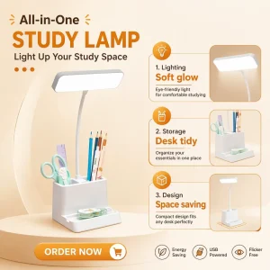 Rechargeable Touch Table Lights Flexible Neck 3 Light Modes Eye Protection Warm White LED Desk Lamp with Pen and Phone Holder