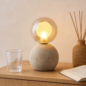 Rechargeable Travertine Table Lamp Cordless LED Bedside Lamp with Glass Shade for Home Hotel