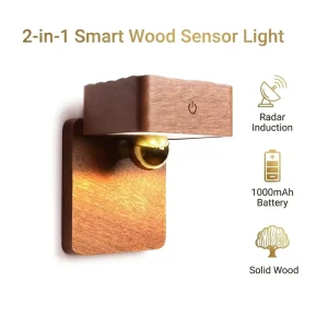 Rechargeable Wood LED Motion Sensor Wall Light with Touch Control 1000mAh Lithium Battery for Bedroom