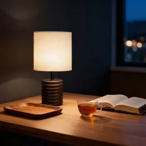 Rechargeable Wood LED Touch Control Dimmable Eco-Friendly Desk Lamp with Linen Shade for Bedroom and Study