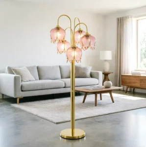 Regency Modern Iron LED Pink Flower Floor Lamp 5 Light Gold Base E26 Dimmable Bedroom Ambient Light