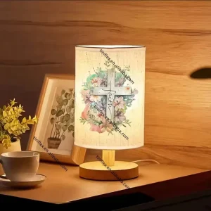 Religious Rose Table Lamp USB Powered Heart Shaped Frame Jesus Christian Holy Family Artwork Floral Design Button Control Light