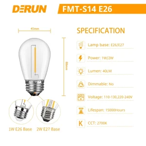 Replace Incandescent Bulb PC Clear Cover 1W S14 E26 E27 1W 110V 220V Non DIM LED Filament Bulb for Courtyard Tent FMT S14