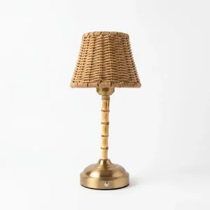 Restaurant Hotel Wedding Event Decor Cordless LED Desk Light with Resin Rattan Weave Shade Bamboo Rechargeable Table Lamp