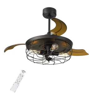 Retro Decorative European Style LED Ceiling Fan Light Lamp American Retractable Bedroom Dining Room Ceiling Fan with Light