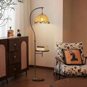 Retro Floor Lamp with Desktop Board Standing Reading Floor Lamp with Fixed Small Tabletop for Living Room