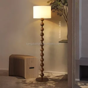 Retro French Mid Century Solid Wood Beaded Floor Lamp Beige Fabric Shade