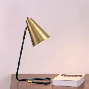 Retro Minimalist Style Table Lamp with a Brass colored Lampshade and Metal Base Adjustable for Use in Bedrooms or Offices