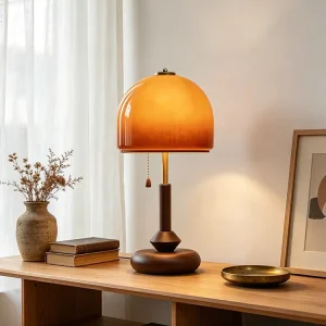 Retro Orange Mushroom Table Lamp Mid Century Modern Wood Glass Desk Light for Bedroom Bedside Nightstand Aesthetic Home Decor