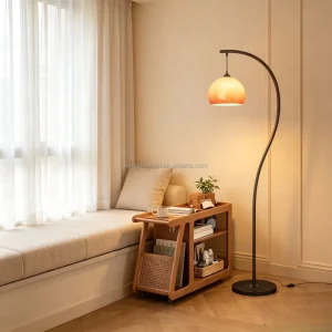 Retro Wabi Sabi Style Curved Iron Floor Lamp Hand blown Glass Shade Arch Standing Lamp for Bedroom Reading Corner