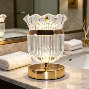 Ribbed Glass Ambient Table Lamp Touch Dimmable Gold Base Decorative Desk Lamp for Bedroom Bar Home Office