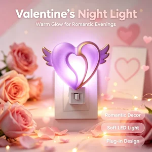 Romantic Lavender Winged Heart LED Night Light Gold Trim Plug in Valentine Day Love Gift Bedroom Decor Soft Glow Lamp