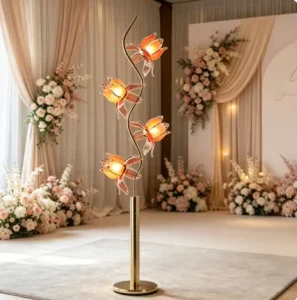 Romantic Lotus Flower LED Floor Lamp Wedding Gold Branch Floral Standing Lamp Adjustable Height Modern Living Room Light Fixture