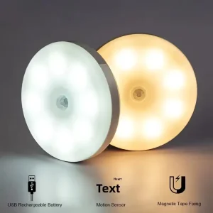 Round LED Motion Sensor Kitchen Cabinet Light Wireless USB Charging Wardrobe Closet Emergency Lamp