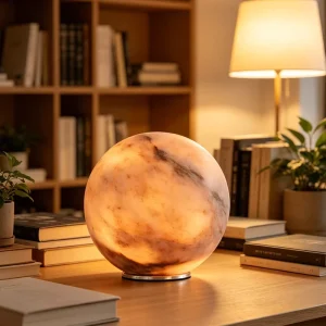 Round Sphere Natural Alabaster Table Lamp with Aluminum Base Warm LED Ambient Desk Light for Bedroom Study Living Room