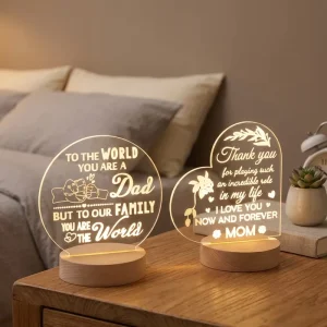 Round Wooden 3D LED Bedside Night Light, USB Powered, 7-Color Changing, Warm White