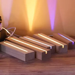 Round Wooden LED Lamp Display Base with Warm White Light USB Powered Dimmable Modern Design