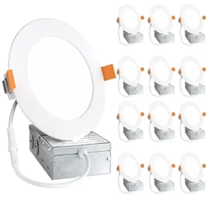 Round or Square Slim Dimmable LED Recessed Ceiling Light, 9W or 12W, 4-Inch or 6-Inch, with Junction Box