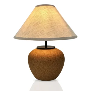 Rustic Farmhouse Ceramic Table Lamp with Beige Linen Shade Organic Textured Pottery Base Nightstand Lamp Warm Ambient Lighting