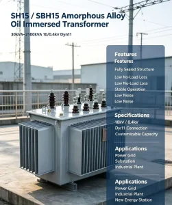 S(B)H15 Fully Sealed Amorphous Alloy Oil Immersed Transformer 30kVA 2500kVA 10kV 0.4kV Dyn11 Low No Load Loss Customizable