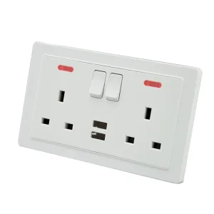 SHARE factory price13a european standard 2 gang 6 pin and 2 usb wall switched socket with neon