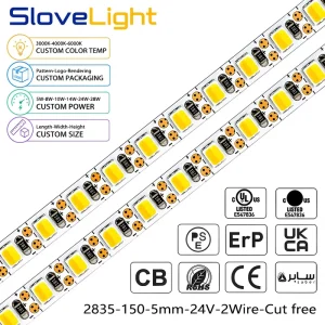 SMD 2835 CCT Two-Color Aluminum Smart Strip Lights 150 LEDs 5mm 24V IP20 Ra90 Dimmable USB 2-Wire