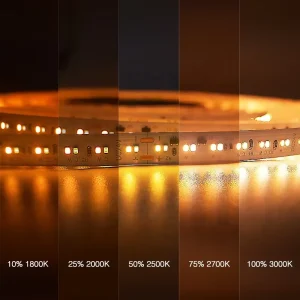 SMD2216 Dim-to-Warm CCT LED Strip Light DC24V 224 LEDs CRI90 Warm White and Cold White for Hotels