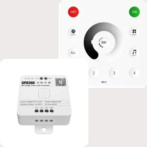 SP636E+RC1 or RB1 Single-Color LED Strip Dimmer Controller, 2.4G RF, Bluetooth, App Control, 1-Channel SPI PWM, 30M Range