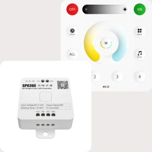 SP636E+RC2 Remote RB2 LED Strip Dimmer Controller 2.4G RF Bluetooth App Control 1-Channel SPI PWM 30M Range 288W Max
