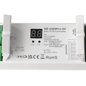 SR-2309PRO-5C DALI DT8 5-Channel Constant-Voltage Dimmer 12-48VDC 5x5A, 8 Device Types, Flicker-Free LED