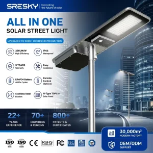 SRESKY All in One Solar Street Light Waterproof LED Outdoor High Brightness Energy Saving Integrated Road Lighting Solution